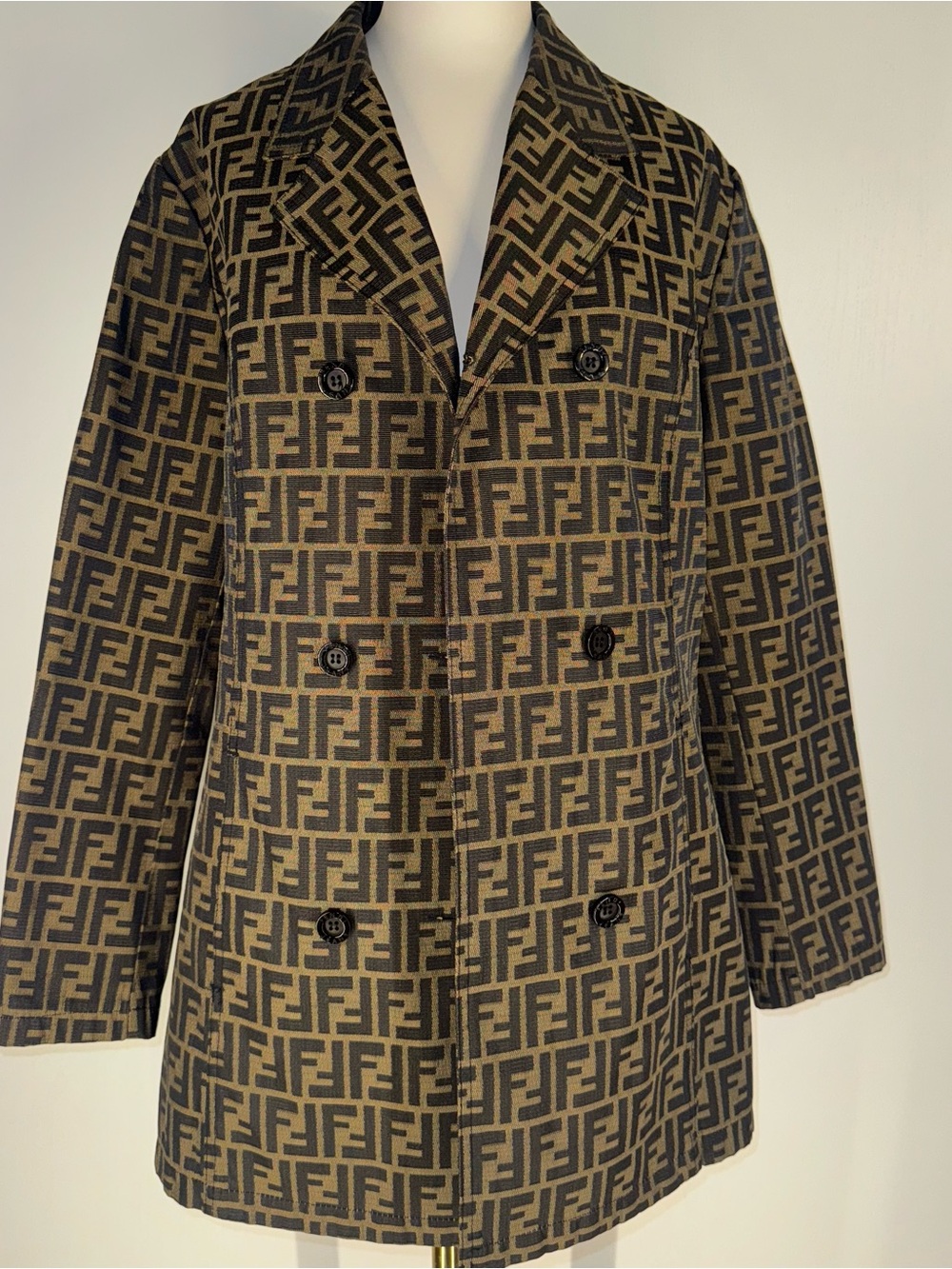 Fendi Brown & Black FF Logo Double-Breasted Peacoat